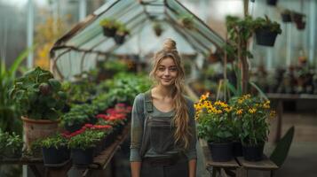 jovem fêmea jardineiro sorridente entre colorida plantas dentro estufa foto