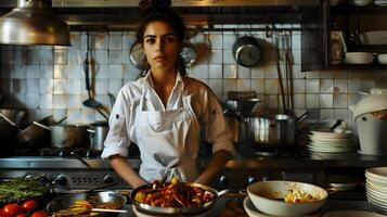 lindo fêmea chefe de cozinha dentro uniforme dentro uma restaurante cozinha. neural rede foto