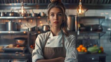 lindo fêmea chefe de cozinha dentro uniforme dentro uma restaurante cozinha. neural rede foto