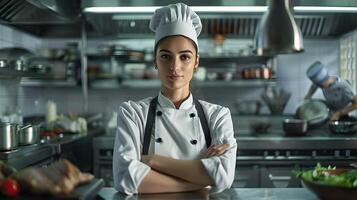lindo fêmea chefe de cozinha dentro uniforme dentro uma restaurante cozinha. neural rede foto