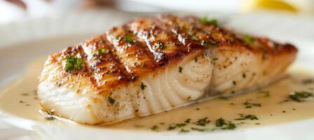 bem jantar chefe de cozinha cozinhando grelhado peixe filé dentro cremoso manteiga limão ou cajun picante molho com ervas foto