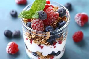 saudável café da manhã muesli, iogurte, e fresco suco combinação para uma saudável começar para a dia foto
