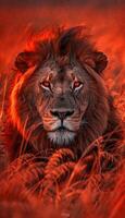 majestoso masculino leão, rei do natureza, dentro a africano savana às pôr do sol, deslumbrante animais selvagens fotografia foto