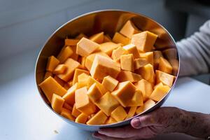 corte uma abóbora dentro a cozinha para cozinhando e congelando foto