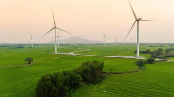 Visão do turbina verde energia eletricidade, moinho de vento para elétrico poder Produção, vento turbinas gerando eletricidade em arroz campo às phan tocou, ninh thuan província, Vietnã foto