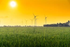 Visão do turbina verde energia eletricidade, moinho de vento para elétrico poder Produção, vento turbinas gerando eletricidade em arroz campo às phan tocou, ninh thuan província, Vietnã foto