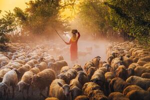 uma local mulher e uma ampla ovelha rebanho retornando para a celeiro dentro a pôr do sol, depois de uma dia do alimentando dentro a montanhas dentro ninh thuan província, Vietnã. foto