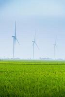 Visão do turbina verde energia eletricidade, moinho de vento para elétrico poder Produção, vento turbinas gerando eletricidade em arroz campo às phan tocou, ninh thuan província, Vietnã foto