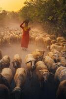 uma local mulher e uma ampla ovelha rebanho retornando para a celeiro dentro a pôr do sol, depois de uma dia do alimentando dentro a montanhas dentro ninh thuan província, Vietnã. foto