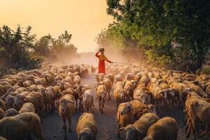 uma local mulher e uma ampla ovelha rebanho retornando para a celeiro dentro a pôr do sol, depois de uma dia do alimentando dentro a montanhas dentro ninh thuan província, Vietnã. foto