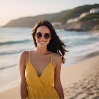 mulher em a de praia verão brilho do sol foto