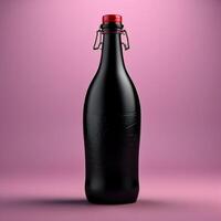uma Preto garrafa com uma vermelho boné senta em uma roxa fundo foto