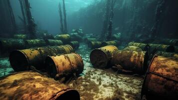 ferro barris com químico desperdício em a mar. poluição do a solo oceânico e a ambiente. foto