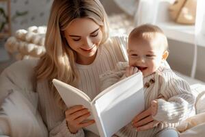 mãe lendo branco livro com criança . foto