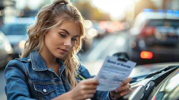 jovem mulher recebendo tráfego bem dentro urbano configuração foto