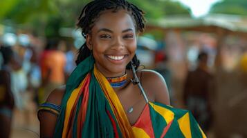 africano mulher com alegre sorrir segurando sul África bandeira foto