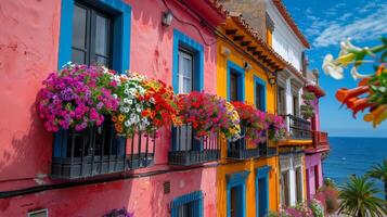 colorida varandas negligenciar a mar com vibrante flores foto