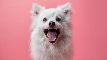 americano esquimó cachorro, Bravo cachorro descobrindo Está dentes, estúdio iluminação pastel fundo foto