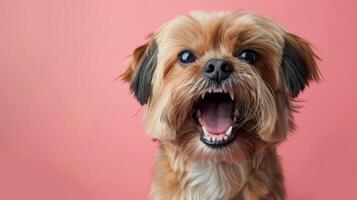lhasa Apso, Bravo cachorro descobrindo Está dentes, estúdio iluminação pastel fundo foto