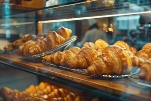 sortido croissants exibido em prateleira. foto