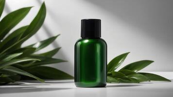 cosméticos garrafa em luz fundo com verde folhas. orgânico natural ingredientes beleza produtos. pele Cuidado, beleza e spa produtos apresentação foto