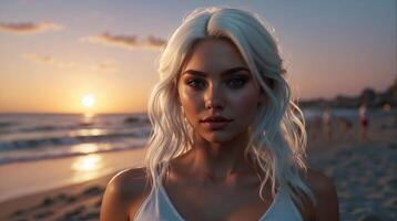 uma lindo Loiras mulher com branco cabelo em pé em a de praia foto