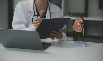 fêmea médico explicando para paciente resultados do modelo a processo do pacientes. diagnóstico do doenças para modelo interno órgão. foto