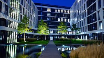 padronizar do escritório edifícios janelas iluminado às noite. vidro arquitetura , corporativo construção às noite - o negócio conceito. foto