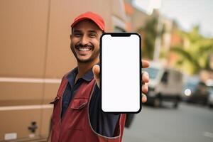 Entrega homem mostrando em branco branco tela Smartphone em rua fundo foto