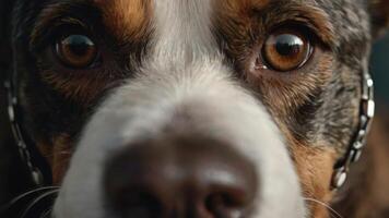 uma fechar acima do uma cachorro face com grande olhos foto