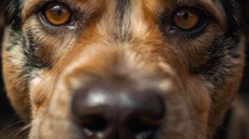 uma fechar acima do uma cachorro face com grande olhos foto