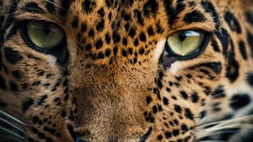 fechar acima do uma de leopardo face com uma Sombrio fundo foto