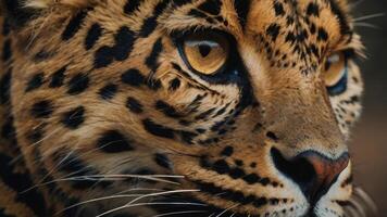 fechar acima do uma de leopardo face com uma Sombrio fundo foto