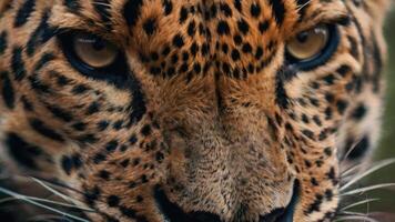 fechar acima do uma de leopardo face com uma Sombrio fundo foto