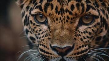 fechar acima do uma de leopardo face com uma Sombrio fundo foto