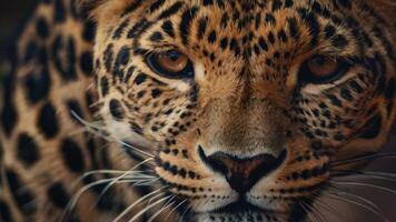 fechar acima do uma de leopardo face com uma Sombrio fundo foto