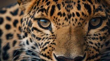 fechar acima do uma de leopardo face com uma Sombrio fundo foto