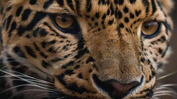 fechar acima do uma de leopardo face com uma Sombrio fundo foto