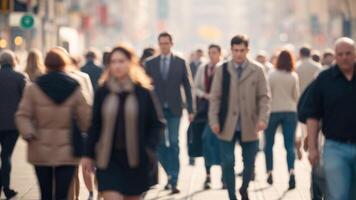 desfocado multidão do pessoas caminhando em uma rua dentro movimento borrão foto