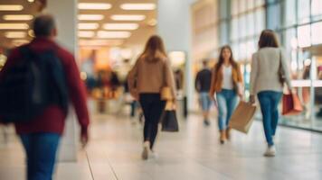 desfocado pessoas caminhando dentro uma moderno compras Shopping com alguns compradores dentro movimento borrão foto