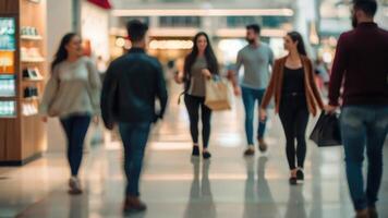 desfocado pessoas caminhando dentro uma moderno compras Shopping com alguns compradores dentro movimento borrão foto