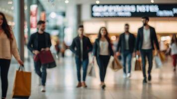 desfocado pessoas caminhando dentro uma moderno compras Shopping com alguns compradores dentro movimento borrão foto