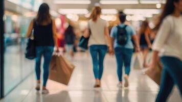 desfocado pessoas caminhando dentro uma moderno compras Shopping com alguns compradores dentro movimento borrão foto