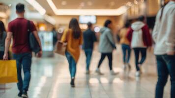 desfocado pessoas caminhando dentro uma moderno compras Shopping com alguns compradores dentro movimento borrão foto