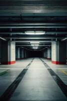 a esvaziar estacionamento garagem com uma Sombrio chão foto