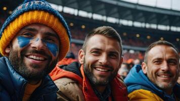 feliz homens assistindo futebol fósforos dentro futebol estádios foto