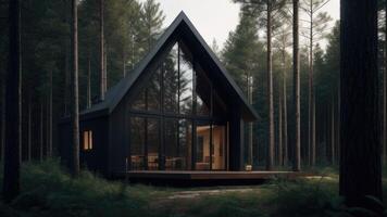 uma moderno cabine dentro a madeiras foto