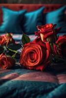 vermelho rosas em uma cama foto