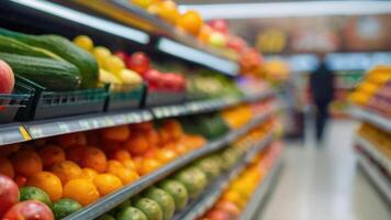 supermercado loja prateleiras com frutas e legumes com borrado fundo foto