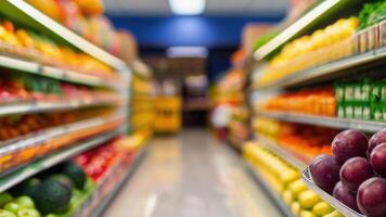 supermercado loja prateleiras com frutas e legumes com borrado fundo foto